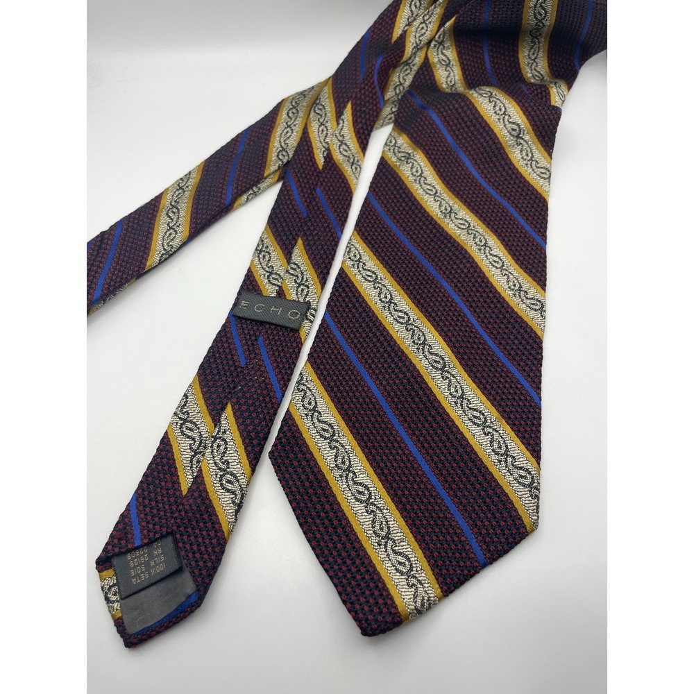 Echo Bruce Baird & Co Mens Silk Tie Burgundy Gold Blue Striped Scroll Italy